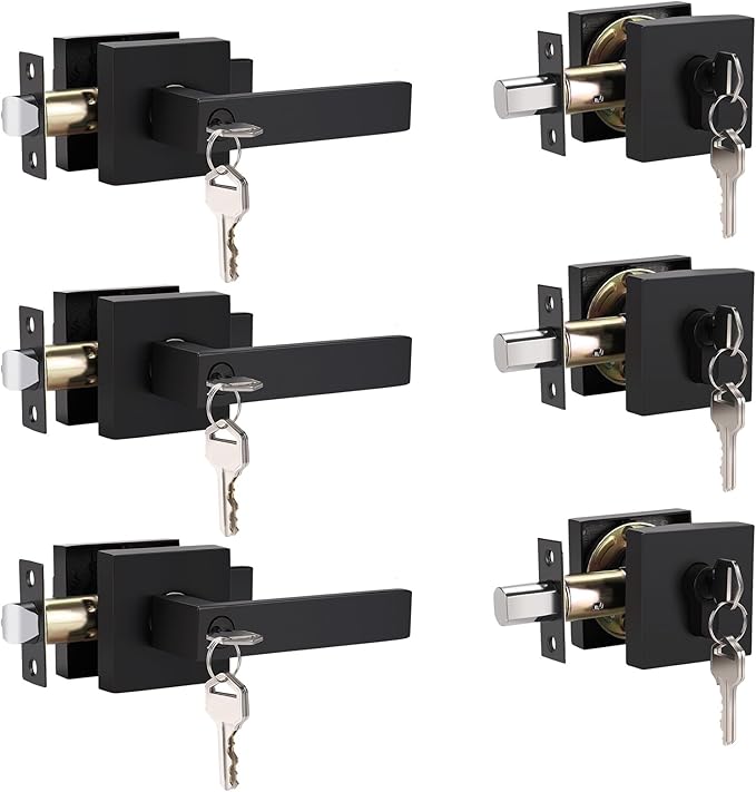 3 Pack Keyed Entry Door Lever and Double Cylinder Deadbolt Set, Keyed Alike Reversible Lockset, Matte Black Square Interior/Exterior Handleset for Bedroom, Front Door