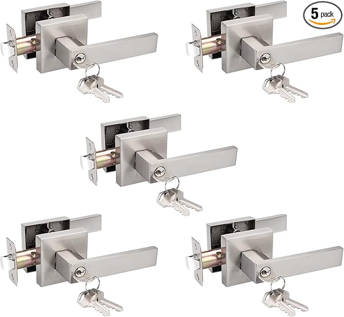 Probrico 5 Pack Interior Bedroom Entrance Door Lever Doorknobs Door Lock One Keyway Entry Keyed Alike Same Key Entrance Lockset in Satin Nickel Each with 3 Keys