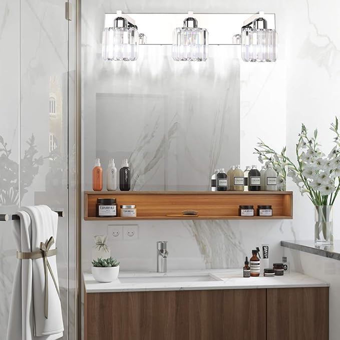 Aipsun Crystal Vanity Light Fixtures Modern Vanity Light for Bathroom Crystal Bathroom Lighting Fixture Wall Light Over Mirror 3 Lights(Not Include Bulb)