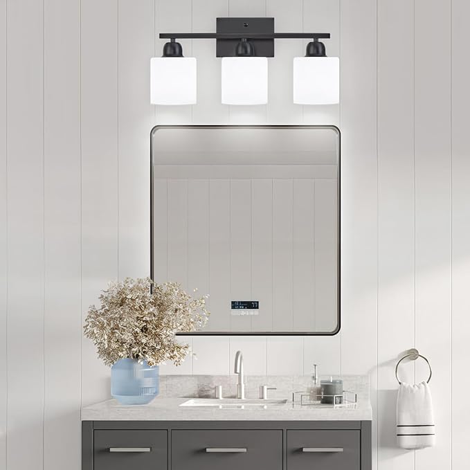 3-Light Bathroom Light Fixtures, Black Bathroom Vanity Lights with Milky White Frosted Glass Shades, Black Vanity Light for Bathroom Mirror, Bedroom, Living Room, Vanity Table, E26 Base