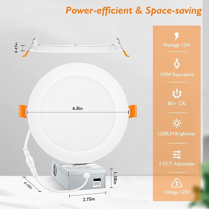 BesLowe 24 Packs 6 Inch 5CCT LED Recessed Ceiling Lights Ultra-Thin with Junction Box, 12W 150W Eqv, 3000K/3500K/4000K/5000K/6500K, 1200LM Dimmable Canless Downlights for Kitchen Hallway Dining Room