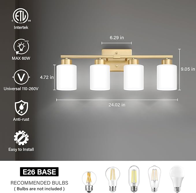 Gold Bathroom Light Fixtures, 4-Light Modern Vanity Light Over Mirror, Wall Sconces with Milky White Frosted Glass Shades, E26 Socket (Bulbs Not Included)