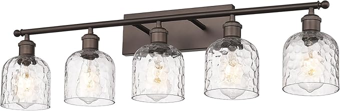 zeyu 35 Inch Farmhouse Bathroom Lighting Fixture, 5-Light Bathroom Vanity Light, Oil Rubbed Bronze Finish with Clear Hammered Glass, ZJF63B-5W ORB