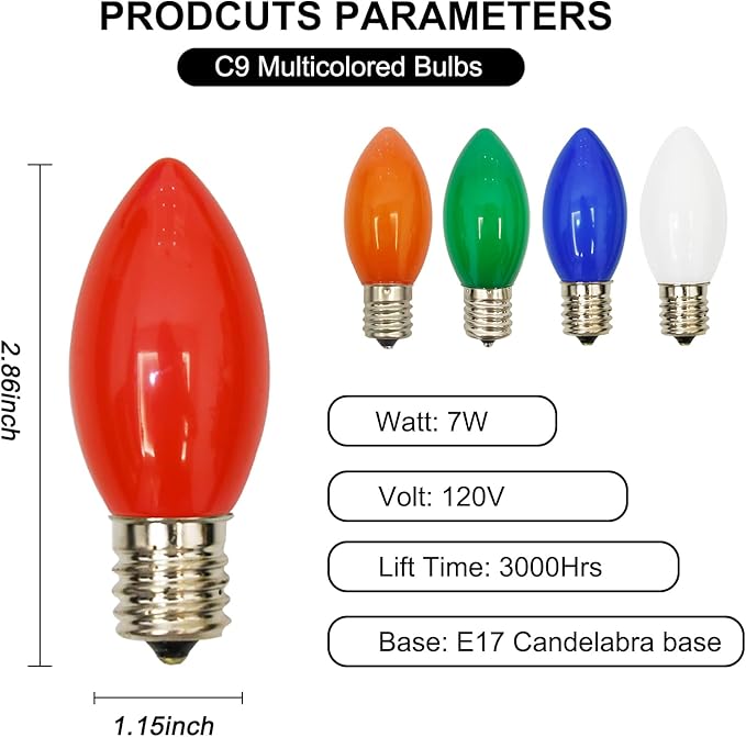25 Pack Multicolor Christmas Light Bulbs,C9 Glass Incandescent Christmas Replacement Bulbs for String Light,C9/E17 Candelabra Base 7 Watt Great for Outdoor Indoor and Christmas Decorations