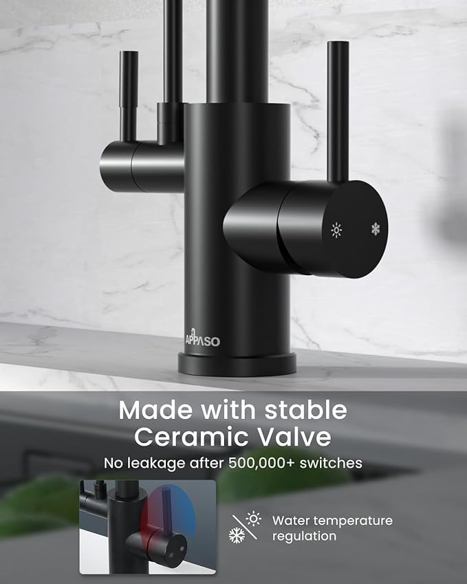 APPASO Black Kitchen Faucet with Drinking Water Faucet, 3 in 1 Pull Down Faucet with Purfied Water Faucet, Single-Handle High Arc Kitchen Water Filter Faucet, Matte Black (Without Filtration Device)