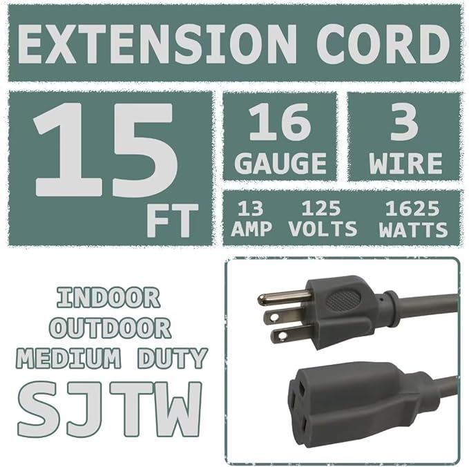 Indoor Outdoor Extension Cord 15 FT Waterproof, 16/3 Gauge Heavy Duty Gray Extension Cords, 13A 1625W SJTW Extension Cord with 3 Prong Grounded Plug, Great for Tools, Lights, UL Listed.
