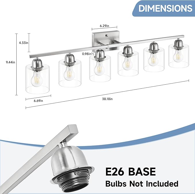 Modern Brushed Nickel 6 Light 38 inch Vanity Lights for Bathroom with Clear Glass, Vanity Light for Mirror Kitchen Living Room Hallway Cabinet Porch