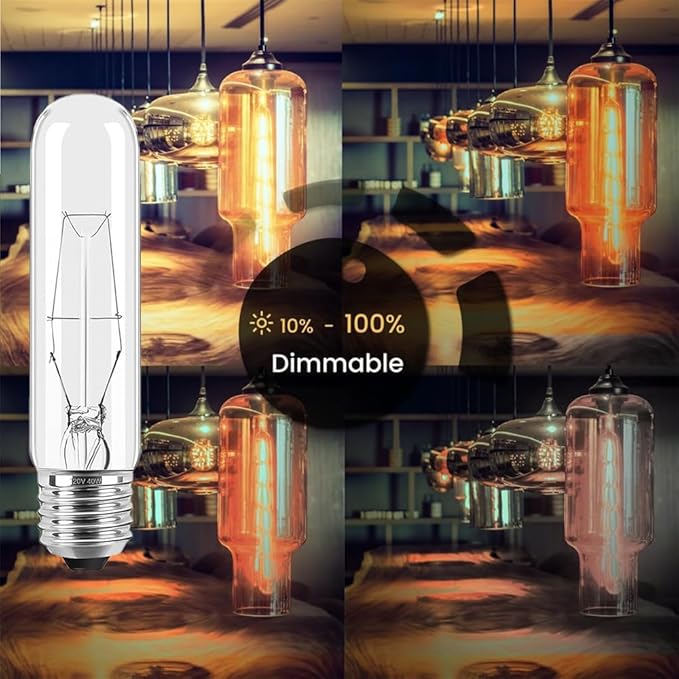 8-Pack 40W T10 Incandescent LED Light Bulbs, Warm White,Dimmable Clear Glass Edison Vintage Bulbs for Chandeliers, E26 Base, 2700K, Desk Lamps, Curio Cabinets, Aquariums, and Pendant Lighting