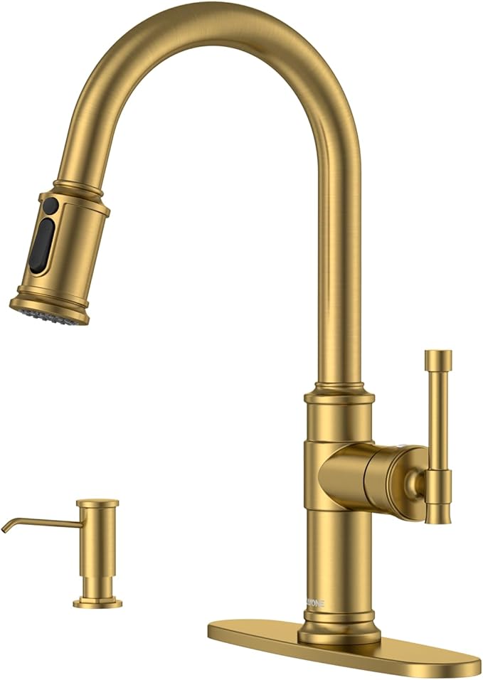 DAYONE Brushed Gold/Brass Pull Down Kitchen Faucet with 3-Mode Sprayer and Soap Dispenser, Single Handle High Arc Faucets for Kitchen Sink with Deck Plate, DAY-APS136-BTG