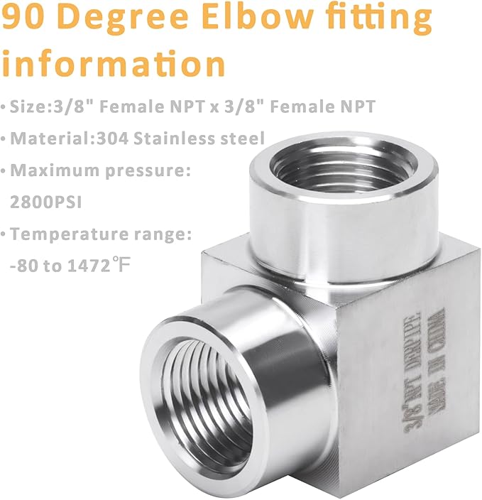 90 Degree Street Elbow - 3/8" NPT Female to 3/8" NPT Female Stainless Steel 304 Heavy Duty Forged Square Barstock Street Elbow Adapter Pipe Fitting (pack of 5)