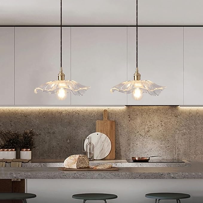 Glass Pendant Lights Full Brass Modern Pendant Lighting Fixture 11 Inch with Rippled Transparent Shade Adjustable Hanging Lamp for Dining Room and Kitchen Island