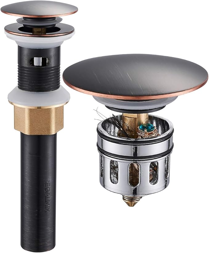 Vessel Sink Drain,Bathroom Pop-up Drain with Detachable Basket Stopper, Anti-Explosion and Anti-Clogging Drain Strainer, Sink Drain Assembly with Overflow Oil Rubbed Bronze, RWF083K