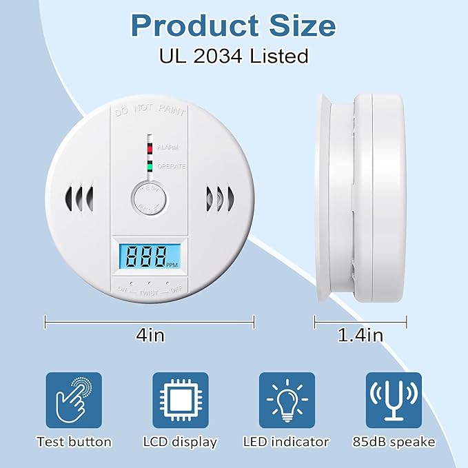 Carbon Monoxide Detectors Battery Powered, Carbon Monoxide Alarm with LED Digital Display, CO Alarm with Human Alarm Sounds and Test Button for Home Kitchen Restaurant Hotel Office(3 Pack)