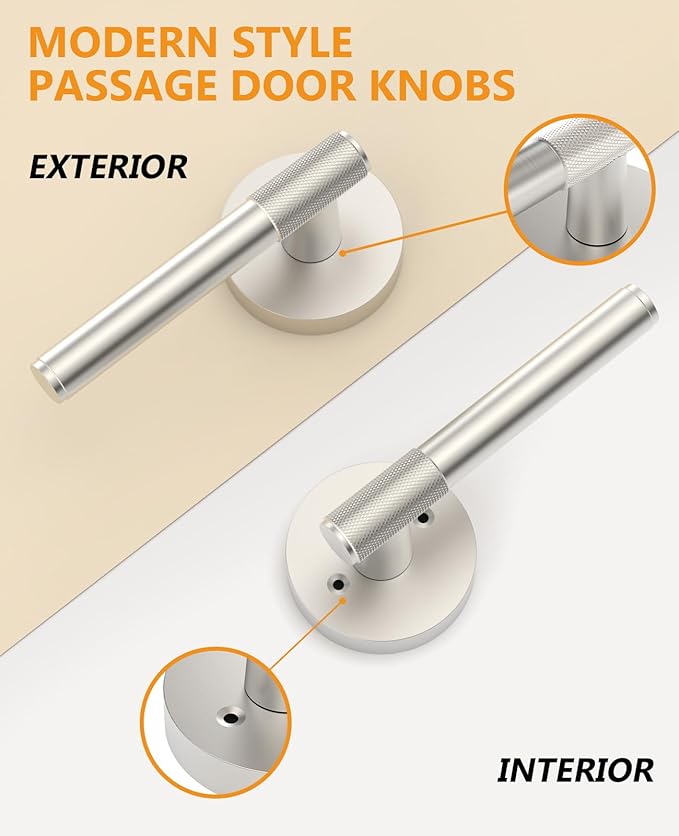 Asidrama 6 Pack Passage Brushed Nickel Door Handles, Door Lever with Door Knobs Indoor for Bedroom or Bathroom, Heavy Duty Door Handles Interior with Locks for Left Right Sided Doors