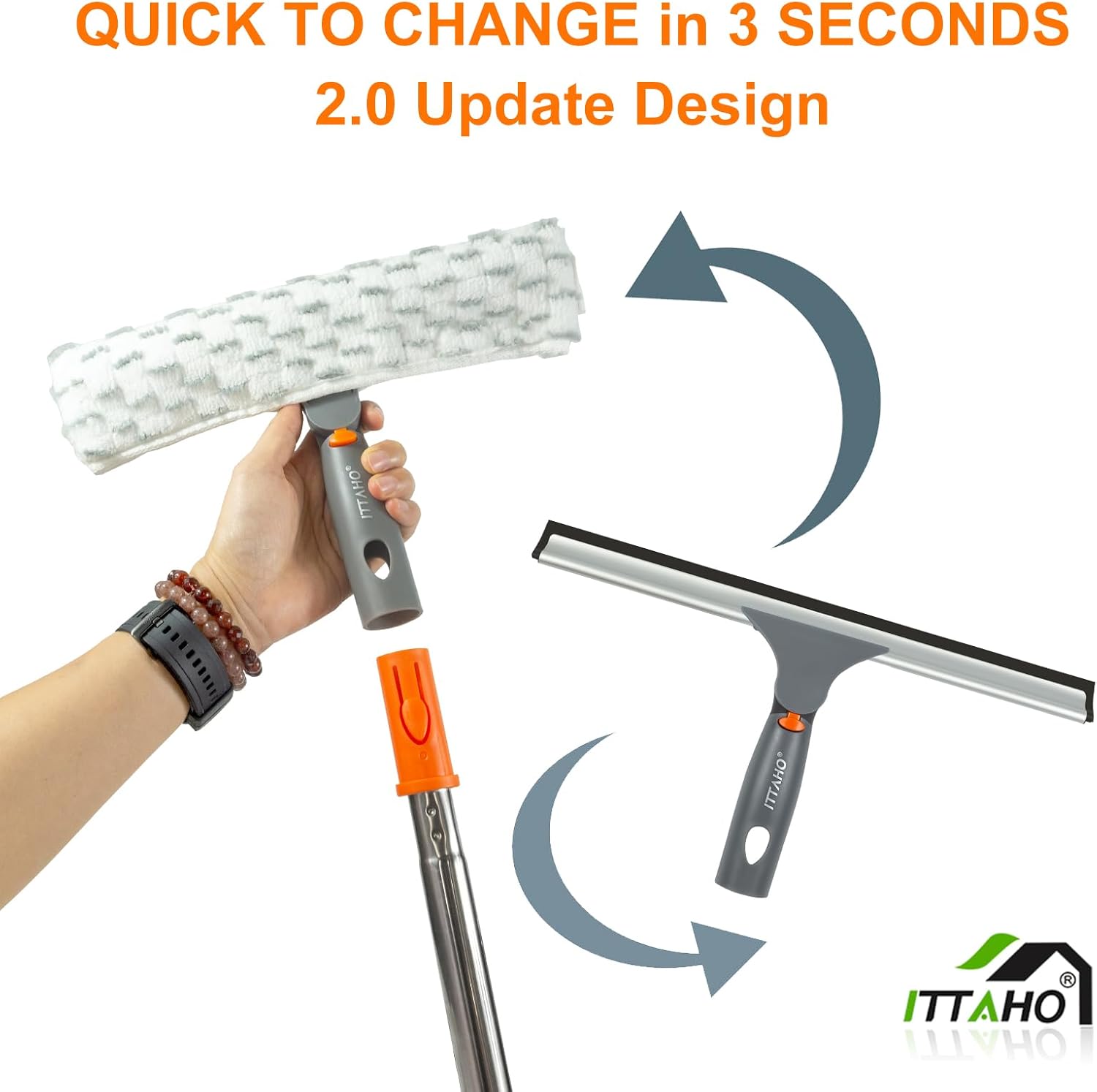 ITTAHO Squeegee for Window Cleaning,12" Squeegee and 11" Microfiber Scrubber Combi with Stainless Steel Pole,Extendable Window Cleaner for Car,Sliding Door,Shower Glass Door-Swivel Style-2 Pads