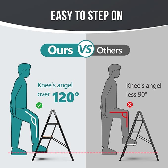 WOA WOA Step Ladder with Widened Pedals, Folding Step Stool with Anti-Slip Feet, Portable Home Ladder for Adults, Kitchen Small Stepladder 300 lbs Capacity (3 Step, Black & Wood Grain)