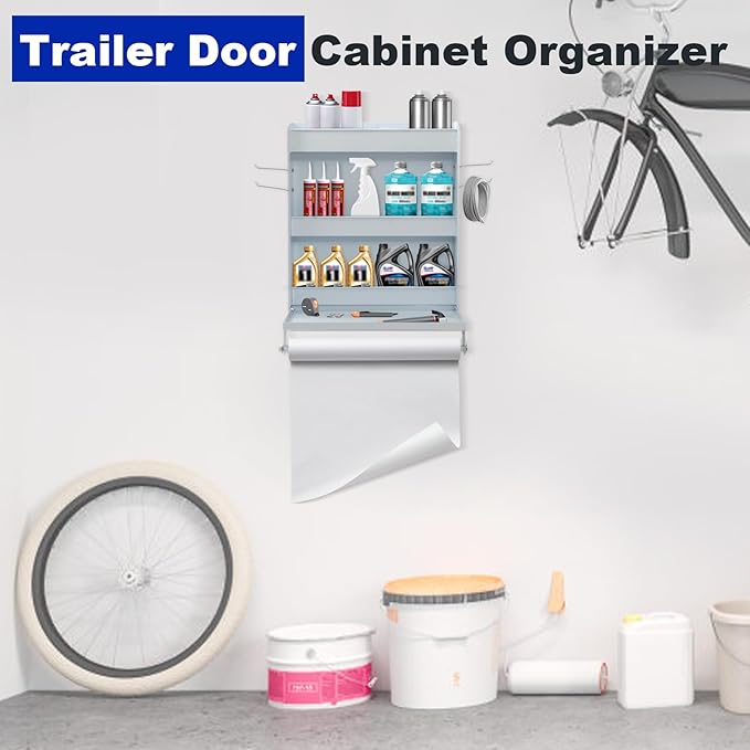 Trailer Door Cabinet Organizer, Flip-Out Work Tray & Paper Towel Rack Organizer with Hooks, Wall-Mount Work Station Storage Cabinet for Enclosed Race Trailer Garage Storage, White