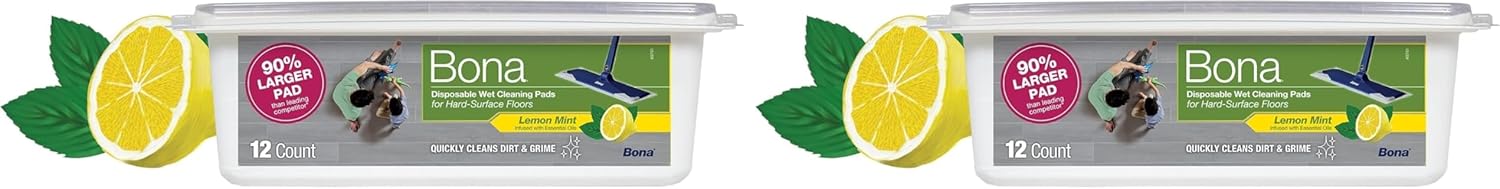Bona® Disposable Wet Cleaning Pads for Hard-Surface Floors, Lemon Mint Scent 12 Count (Pack of 2)