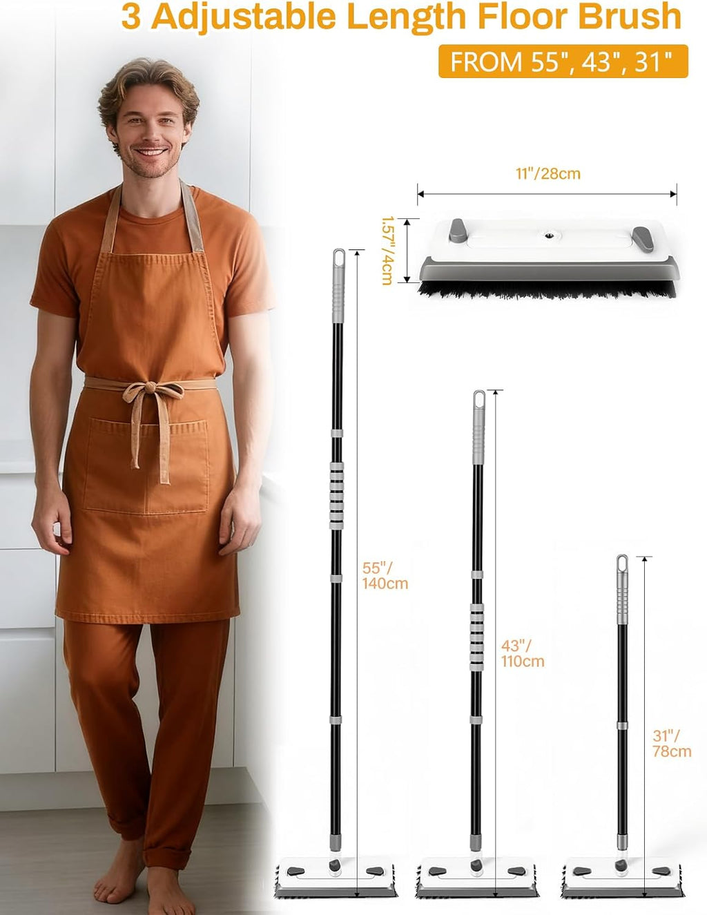 3 in 1 Floor Scrub Brush with Long Handle 55" Push Broom Stiff Bristle Scrubber Brush Squeegee Scrape & Detachable V-Grout Brush for Bathroom Kitchen Tile Deck Patio Garage Concrete Wall Cleaning Tool