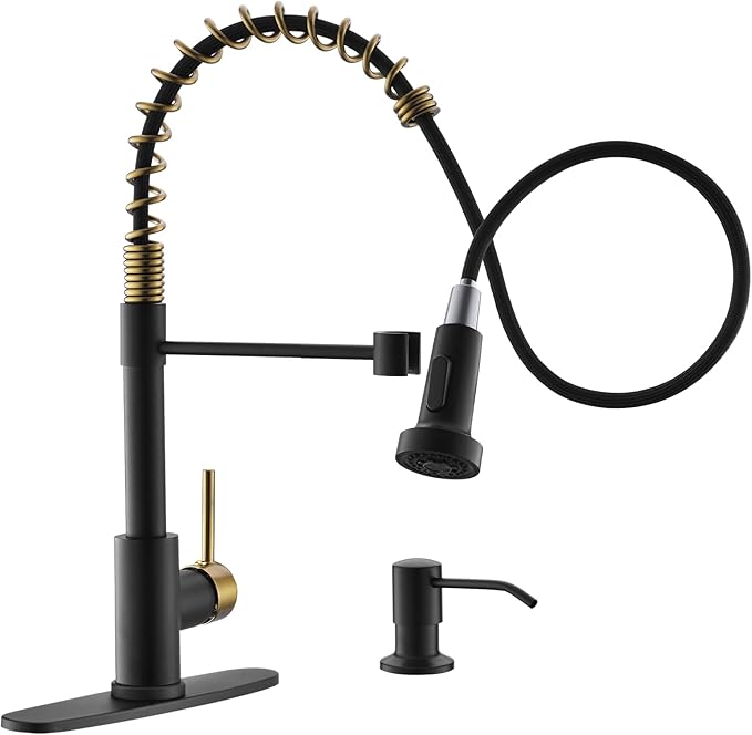 GIMILI Black and Gold Kitchen Faucet with Soap Dispenser Commercial Single Handle Spring Pull Out Kitchen Sink Faucets with Pull Down Sprayer