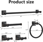 Matte Black Bathroom Hardware Set 5-Pieces, SUS304 Stainless Steel Bath Towel Bar Set Wall Mounted, Including Hand Towel Bar,Towel Ring, Toilet Paper Holder, 2Pcs Robe Towel Hook