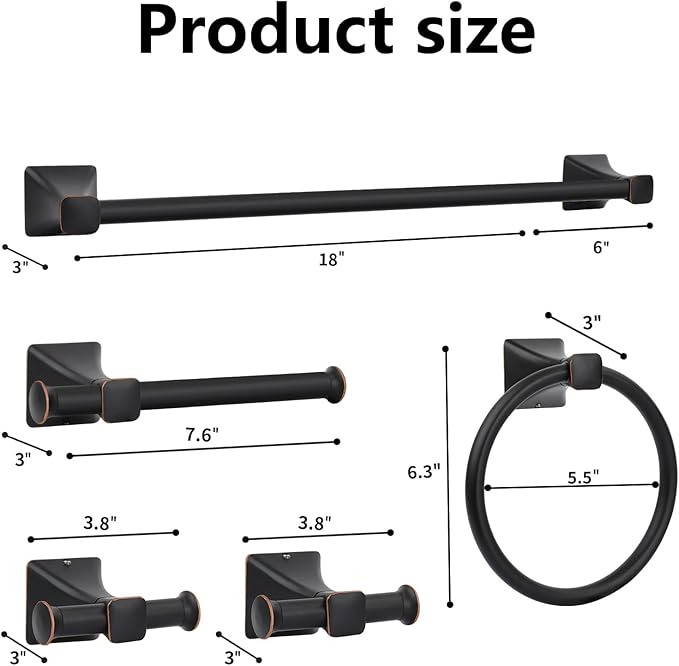 Matte Black Bathroom Hardware Set 5-Pieces, SUS304 Stainless Steel Bath Towel Bar Set Wall Mounted, Including Hand Towel Bar,Towel Ring, Toilet Paper Holder, 2Pcs Robe Towel Hook