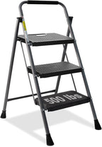 3 Step Ladder, GOLYTON Folding Step Stool with Anti-Slip Wide Pedal & Convenient Handgrip, 500lbs Capacity Steel Ladder for Household and Office, Grey