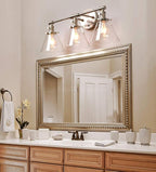 Phansthy 3-Light Wall Sconces Antique Brass Vanity Light, Industrial Wall Lamps with On Off Switch and Clear Glass Lampshade, Vintage Wall Lighting for Bathroom Living Room (Brushed, Cone Shade)