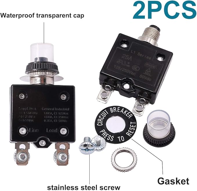 mxuteuk 2Pcs 15Amp Circuit Breakers Push Button Manual Reset 125/250V AC 50V DC, L1 Series Overload Protector Switch Thermal Circuit Breakers with Waterproof Button Caps L1-ls-15A