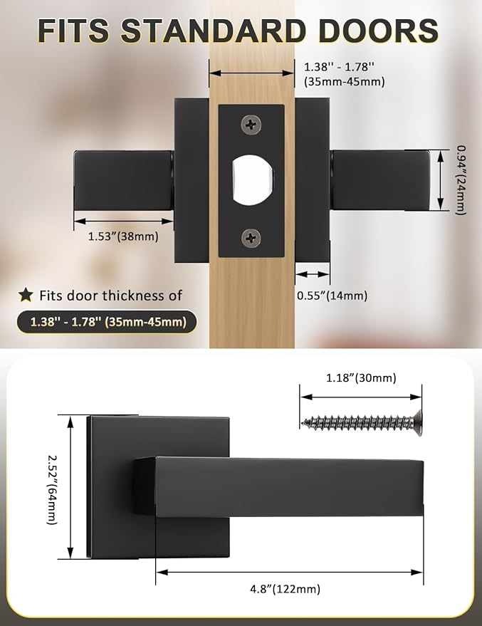 8 Pack Square Black Door Handles Interior, No Lock Passage Door Lever for Left or Right Handing, Heavy Duty Matte Black Closet Door Handle Sets