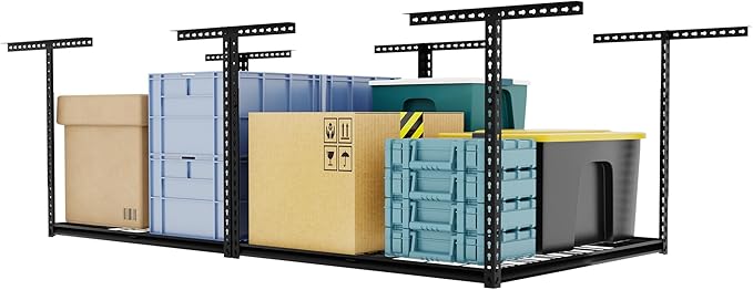 The Atlas 4 x 8 ft Adjustable Height Overhead Garage Storage Rack 900 lbs Heavy Duty Capacity Hammertone Finish