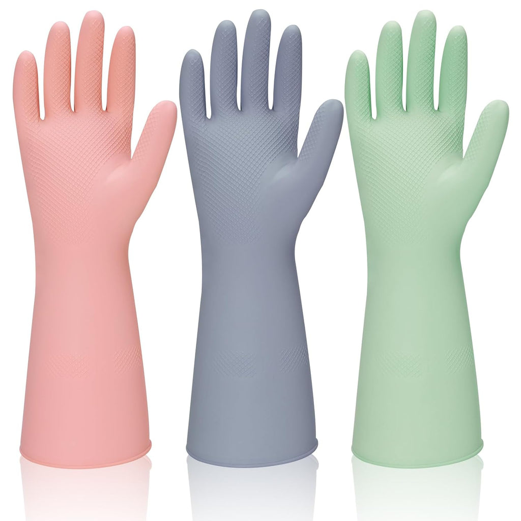Rubber Kitchen Dishwashing Gloves - 3 Pairs Reusable Household Cleaning Gloves, Flexible and Durable & Non-slip Cleaning Gloves, Great for Kitchen, Bathroom, Laundry (Large, Pink+Green+Grey)