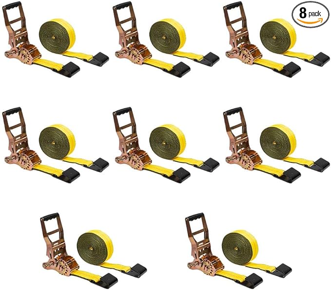 Mytee Products 8 Pack 4" x30' Self-Tensioning Ratchet Tie Down Straps with Flat Hooks - 5,400 Lbs WLL - Heavy Duty Tie Down Ratchet Straps for Flatbed, Truck, Trailers, Cargo, Pickup - Yellow