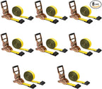 Mytee Products 8 Pack 4" x30' Self-Tensioning Ratchet Tie Down Straps with Flat Hooks - 5,400 Lbs WLL - Heavy Duty Tie Down Ratchet Straps for Flatbed, Truck, Trailers, Cargo, Pickup - Yellow