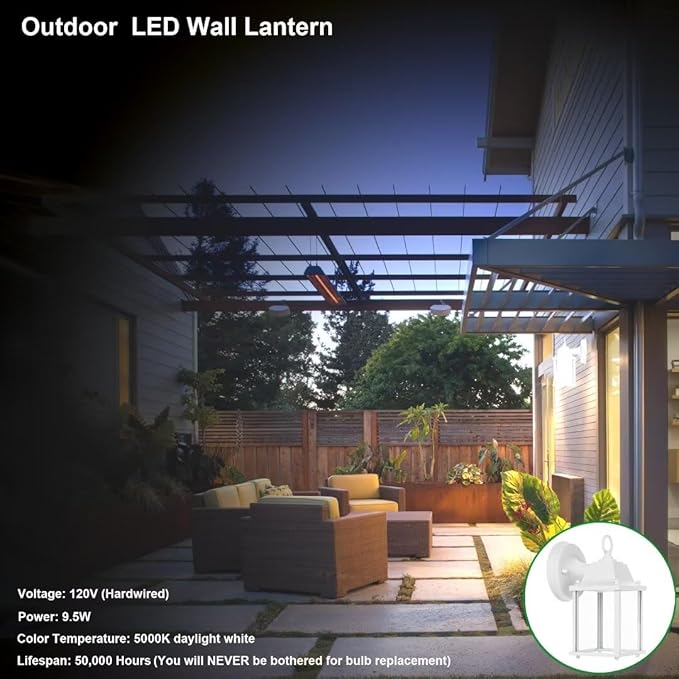 LIT-PaTH Outdoor LED Wall Lantern, Wall Sconce as Porch Light, 9.5W 800 Lumen, Aluminum Housing Plus Glass, 5000k-Matte White Finish, 2-Pack