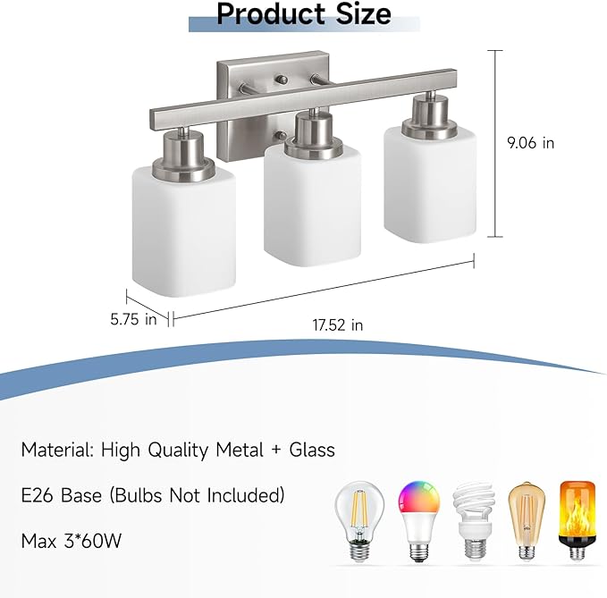 3-Light Bathroom Vanity Light,Brushed Nickel Vanity Lights with Square Frosted Glass,Modern Bathroom Wall Lights Fixtures Over Mirror,Wall Sconces Lighting for Bedroom Living Room,E26