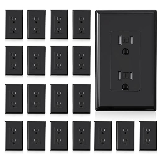 ELEGRP Decorator Wall Receptacle Outlet, Tamper Resistant 15A 125V Standard Electrical Wall Outlet, Residential Grade, Self-grounding, with Screwless Wall Plate, UL (20 Pack, Glossy Black)