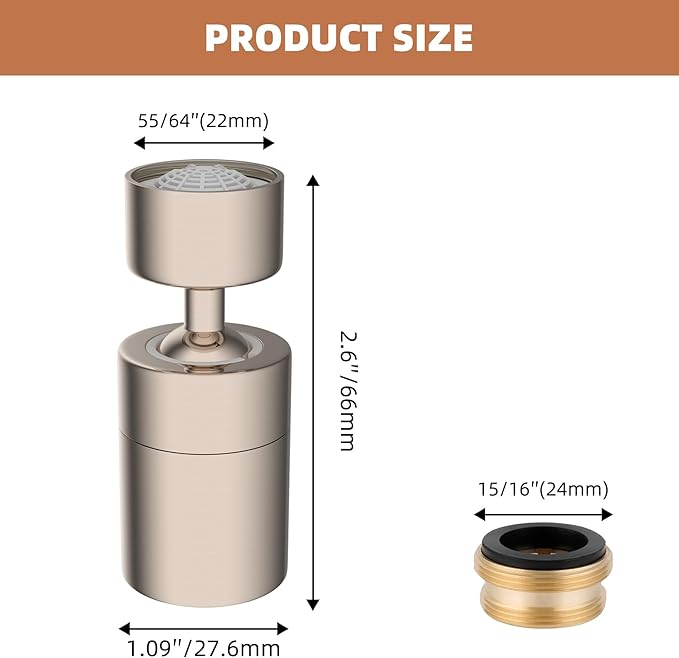 Hibbent Dual-function NSF/ANSI/CAN 61 Certified Faucet Aerator, CUPC Certification Rotate Kitchen Sink Aerator Sprayer Head 360° Swivel Sink Sprayer Attachment-55/64" Female Thread-Brushed Nickel