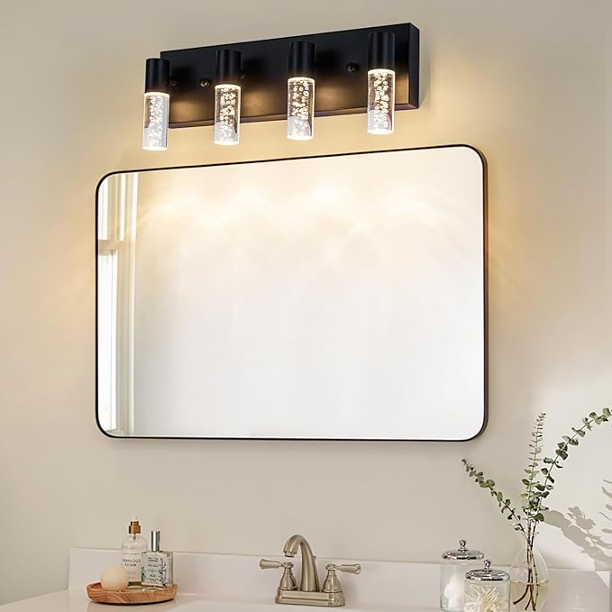 4-Light LED Vanity Light Fixture in Black - Modern Bathroom Lighting, Over Mirror Illumination | Multicolor Temperature 3000K/4000K/6000K | Stylish Bathroom Dec