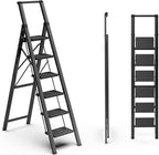 6 Step Ladder for 12 Feet High Ceiling, Folding Step Stool with Handgrip & Anti-Slip Wide Pedal, Portable Lightweight Aluminum Stepladder for Kitchen, Home (300 lbs Capacity) - Black