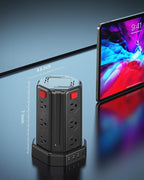 Power Strip Surge Protector, 10 Ft Extension Cord with 12 AC Multiple Outlets 4 USB (1 USB C), SMALLRT Power Tower Desktop Charging Station (Black, 16.4 FT)