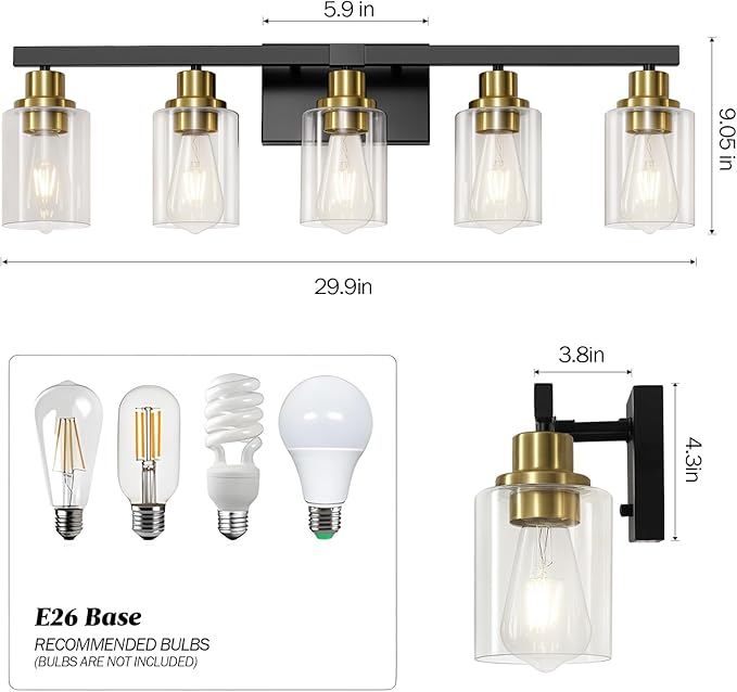 5-Light Black and Gold Bathroom Vanity Light, 30" Modern Vanity Lighting Fixture, Bathroom Light Fixtures, Wall Sconces with Clear Glass Shade, Black Bathroom Wall Light Over Mirror