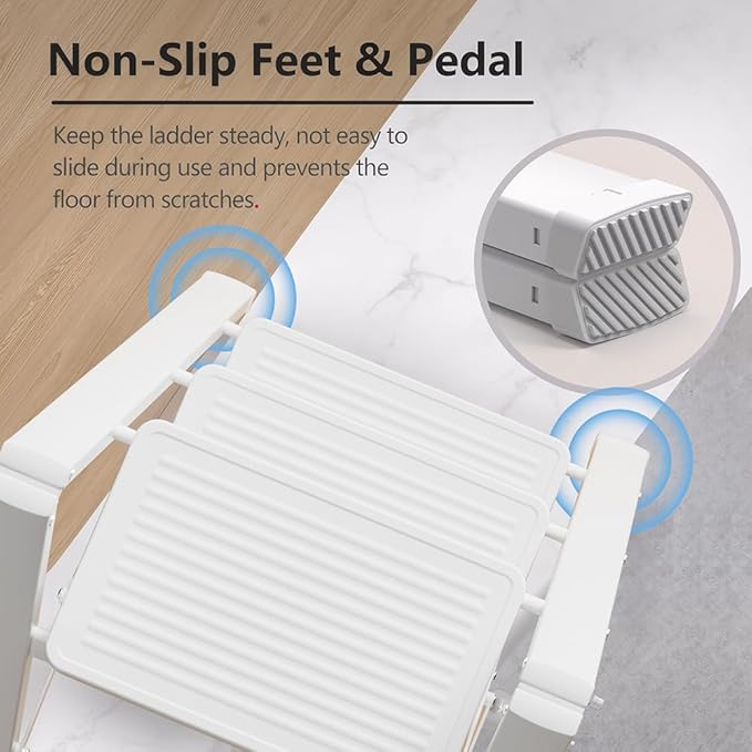 Step Ladder 3 Step Folding, Small Step Stool for Adults, Portable Anti-Slip Iron Stepladder with Wide Pedals for Home and Kitchen Use, Space Saving - White (300 lbs)