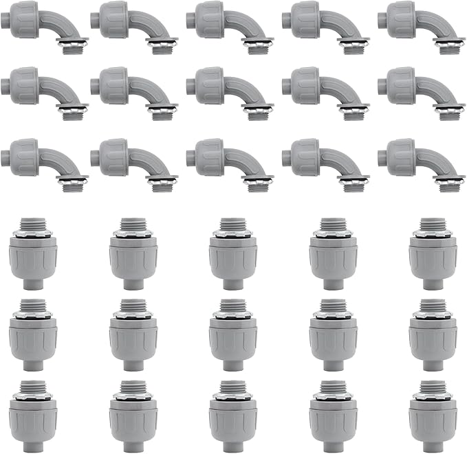 1/2 inch Liquid Tight Connector PVC Flexible Conduit Connector UL Listed Liquid Tight Connector Non-Metallic Electrical Conduit Fittings 30 Pack (15 pcs 180D/15 pcs 90D)