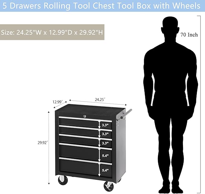 5 Drawers Metal Rolling Tool Chest on Wheels, Lock Tool Box Tool Organizer Cart, Multifunctional Drawers Rolling Tool Trolley Storage Cabinet for Garage,Warehouse,Workshop,Repair Shop(BLACK)