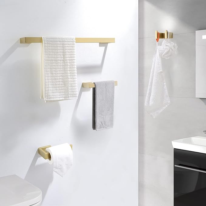 Gold Towel Bar Set 4 Pieces Bathroom Hardware Set Wall Mounted Stainless Steel,Towel Bar+Towel Holder+Towel Hook+Toilet Paper Holder,23.6 inch