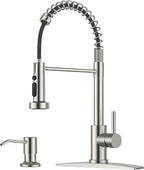 FORIOUS Kitchen Faucet with Soap Dispenser, Burhsed Nickel Stainless Steel Single Handle Modern Spring Commercial Sink Faucet with Pull Down Sprayer for Laundry & Utility Room RV Camp Bar Farmhouse