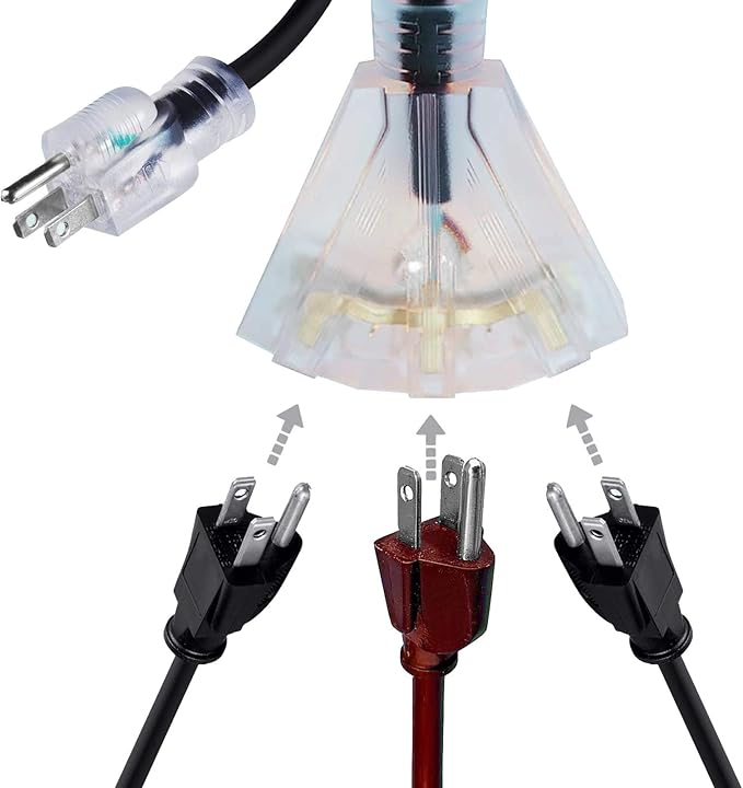 3FT 12/3 Extension Cord Heavy Duty Black 3-Outlet Indoor/Outdoor SJTW Lighted 12-Gauge Grounded Power Cable,12AWG 15 Amp, 1875 Watts，UL Listed，Safety