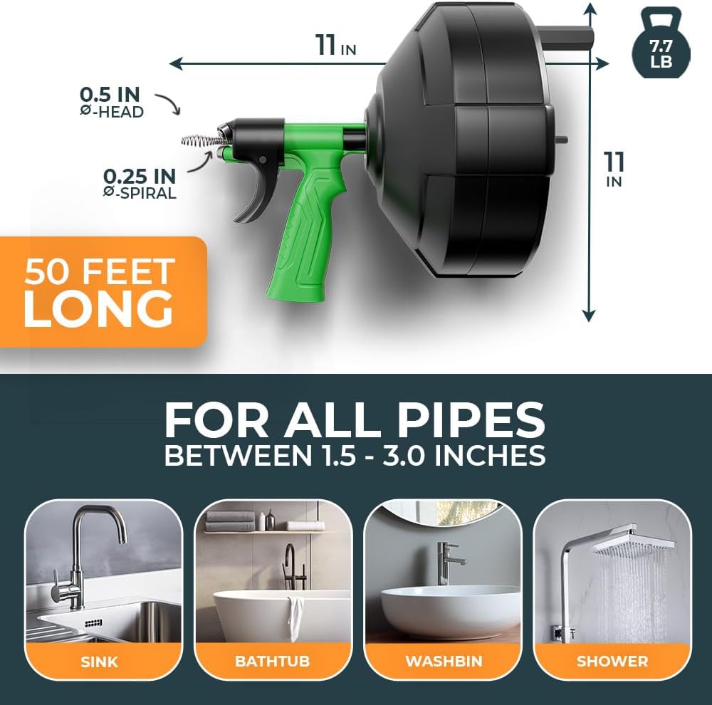 drain snake [50FT] - Auto Feed - Ideal plumbing snake for sink and drain unblocking - Solid drain auger for real DYIs!
