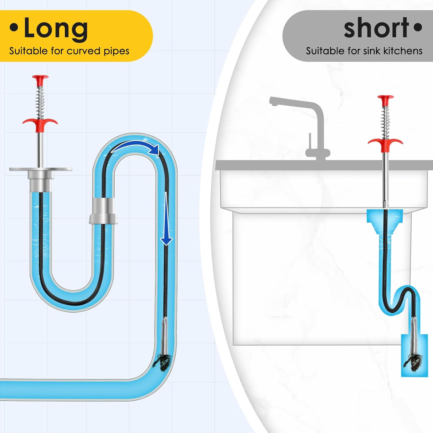 Drain Snake, 2 Pcs Drain Clog Remover(63 In And 35.5In), Upgraded Sink Drain Cleaner, Flexible Plumbing Snake With 4 Claws, Snake Drain Hair Removal Tool, Toilet Snake Drain Clog Remover